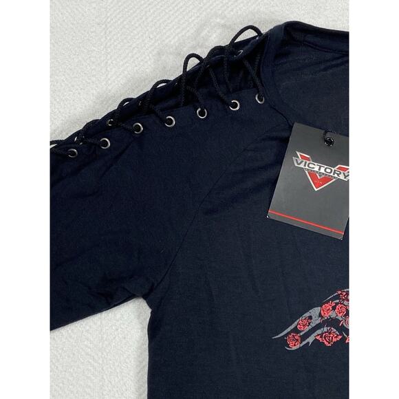 Victory Motorcycles Lace Up Skull Roses Bling Shirt XS Stretchy Biker - Picture 3 of 13